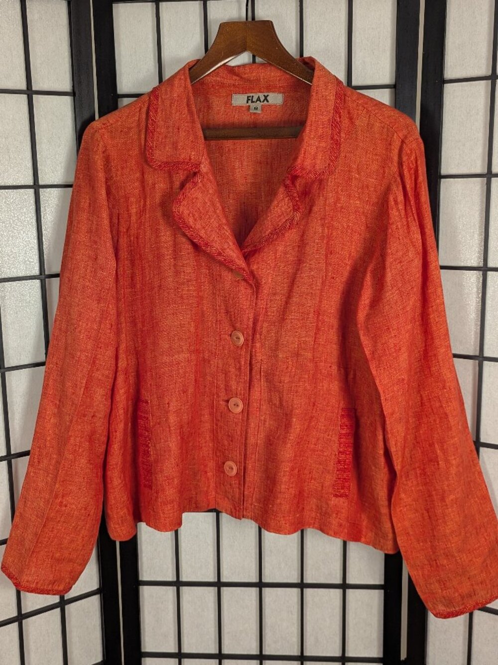 FLAX Linen Jacket | Persimmon Orange Boxy Cropped Lagenlook Artisan Style | Sz M